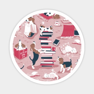 Life is better with books a hot drink and a friend // pattern // pink background brown white and blue beagles and cats and red cozy details Magnet